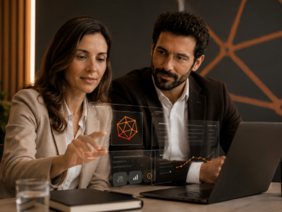 Duas pessoas em reunião a analisar dados num portátil, com painéis translúcidos e o ícone da Empa-T sobrepostos ao ecrã.