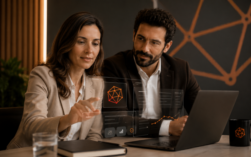Duas pessoas em reunião a analisar dados num portátil, com painéis translúcidos e o ícone da Empa-T sobrepostos ao ecrã.